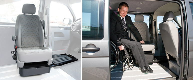 Side by side pictures showing an empty 6 way moving seat on the left and a 6 way seat being used transfer into the driving position from a wheelchair inside a van.