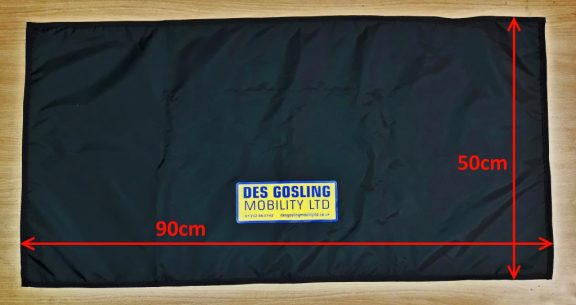 A black rectangular fabric sill protector shown laid flat on a wooden surface. There are a pair of annotated red arrows showing the width and length.