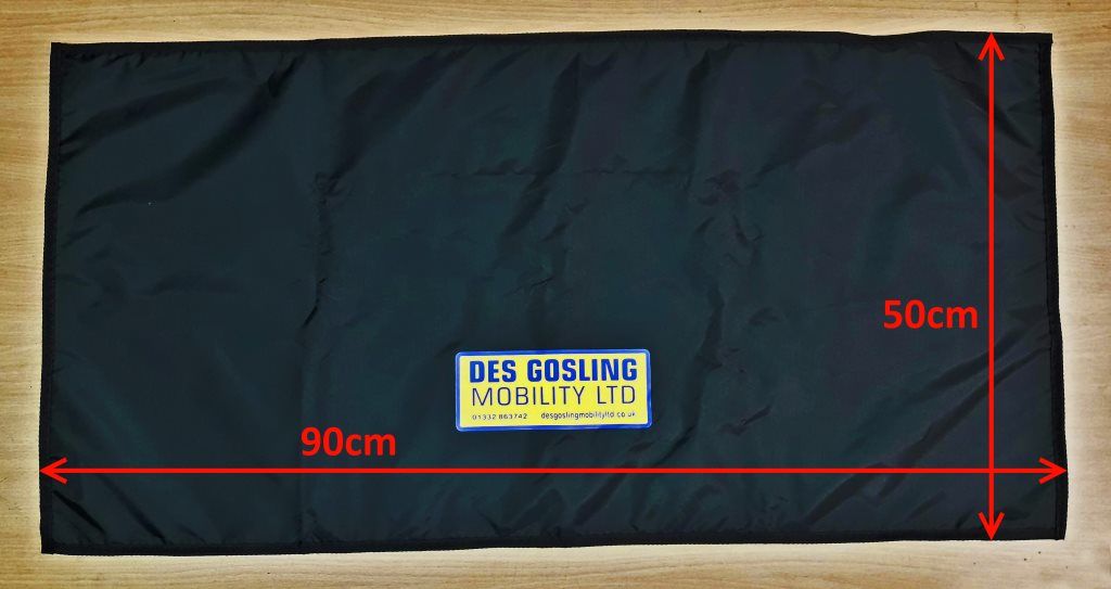 A black rectangular fabric sill protector shown laid flat on a wooden surface. There are a pair of annotated red arrows showing the width and length.