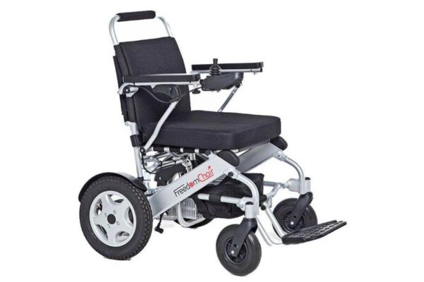 A Freedom Chair A06L electric wheelchair with a silver frame and black trim.