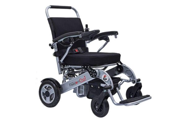 A Freedom Chair A08 electric wheelchair with a silver frame and black trim.