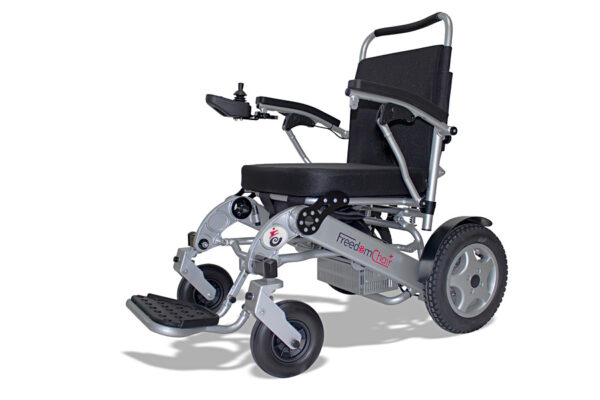 A Freedom Chair DE08L electric wheelchair with a silver frame and black trim.