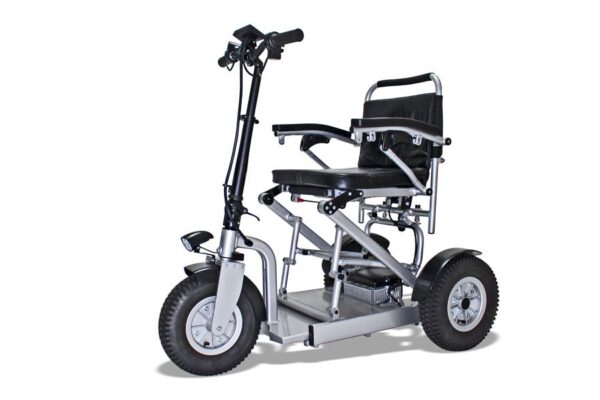 A Freedom Scooter S1 three wheeled mobility scooter with a silver frame and black trim.