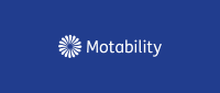 A blue background for a white circular logo with the word Motability next to it.