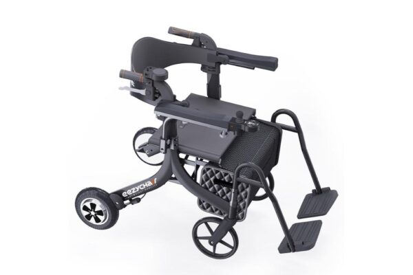 A black eezy-roller electric wheelchair and walker (a single multi-purpose device) on a white background.