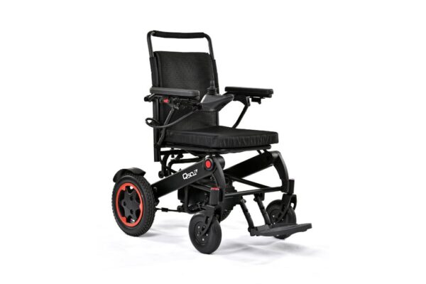 A Quickie Q50R electric wheelchair with a slim black frame with red trim.