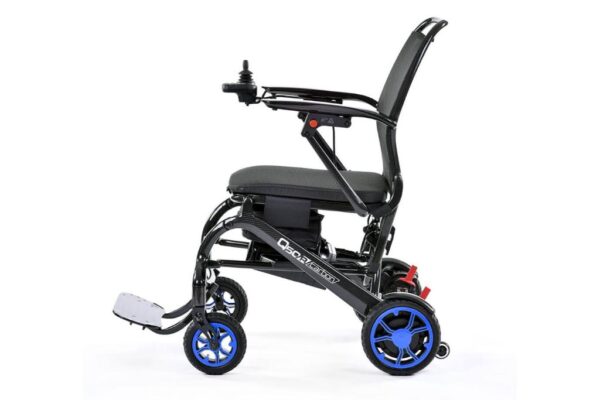 A slim framed black electric wheelchair with blue wheels.