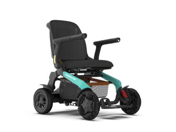 A Robooter E60 electric powerchair with an under-seat basket and omni-directional front wheels in black with teal trim.