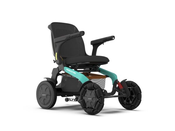 A Robooter E60 Pro electric powerchair with an under-seat basket and omni-directional front wheels in black with teal trim.