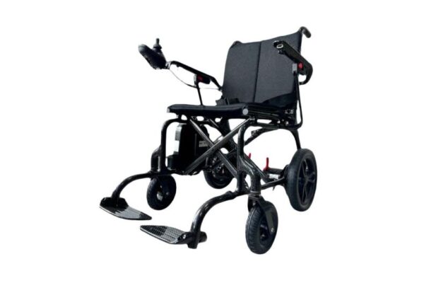 A Black electric EEZY Carbon wheelchair against a white background.