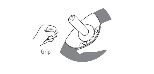 A diagram showing the hand position that the peg grip best supports, a grasping hand in a joystick position.