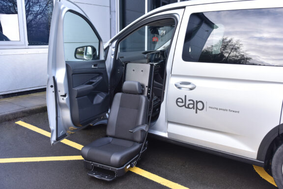E-Motion X swivel seat in front passenger seat rotated and fully lowered.
