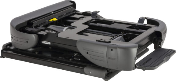 The Turny Evo Base is seen on a white background. No chair is attached so some of the mechanical parts like a spring and pneumatic cylinder are visible.