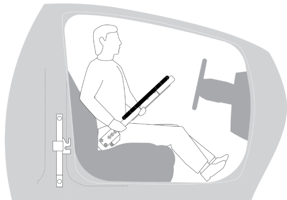 Diagram of transfer plate being moved into attachment point at 45 degrees by a driver, from a side view.
