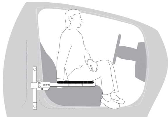 Diagram of transfer plate being moved used by a driver to move into or out of the seat, from a side view.